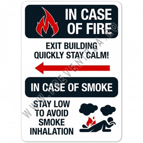 Indicator de siguranță În caz de incendiu, părăsiți clădirea – semn evacuare obligatoriu