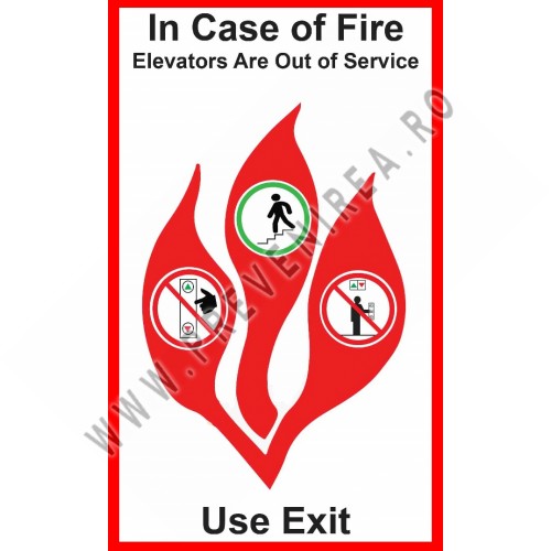 Indicator „În caz de incendiu, lifturile sunt scoase din funcțiune. Folosiți ieșirea semnalizată