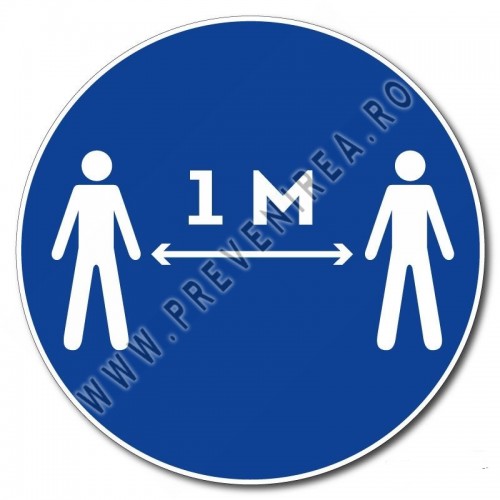 Semn albastru pentru pardoseli – „Păstrați distanța față de persoana din fața ta 1 metru”