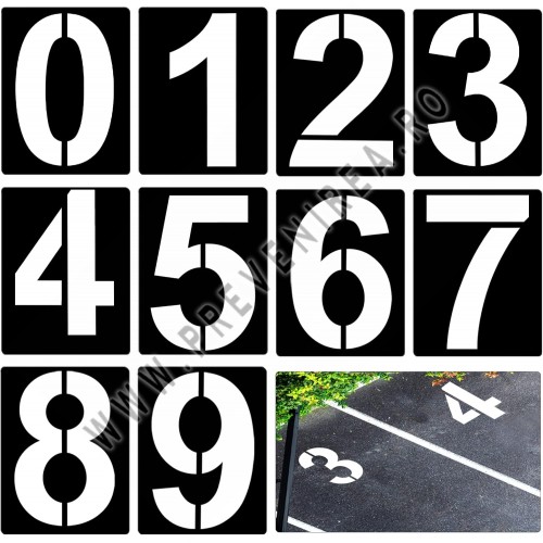 Șabloane pentru marcare parcare 0–9 | Set complet pentru numerotare locuri de parcare