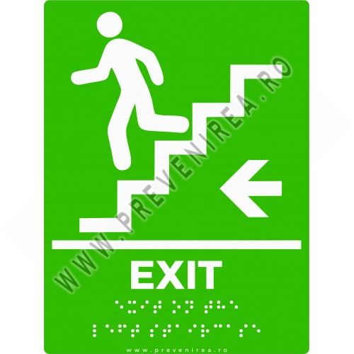 Plăcuță tactilă „IEȘIRE SPRE STÂNGA – SCĂRI ÎN JOS” pentru nevăzători