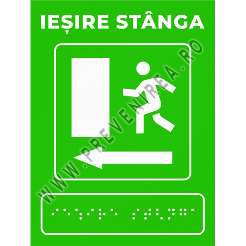 Plăcuță IEȘIRE STÂNGA pentru nevăzători cu text în Braille – soluție completă de orientare și evacuare