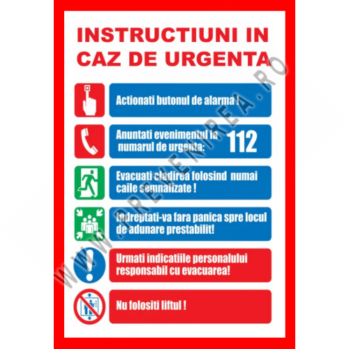 Placuta cu instructiuni in caz de urgenta Placuta cu instructiuni in caz de urgenta