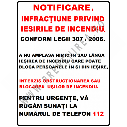 Placuta pentru notificare infractiune privind iesirile de incendiu