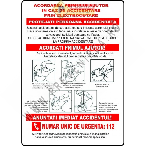 Indicator Acordarea Primului Ajutor în Caz de Electrocutare – Semn de Securitate Obligatoriu pentru Protecția Muncii