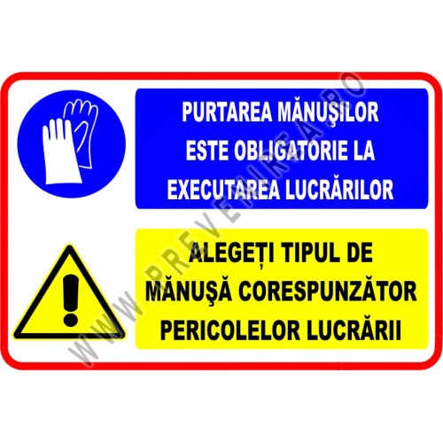 Indicator de securitate – Obligatoriu purtarea mănușilor de protecție la locul de muncă | Semn SSM pentru siguranță industrială