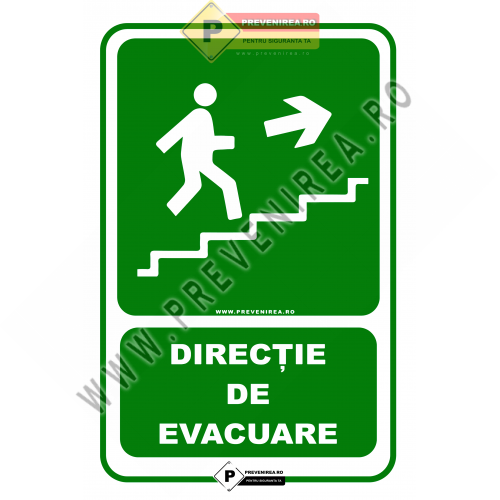 Indicator evacuare scări dreapta sus – semn de siguranță pentru ieșire de urgență, conform norme PSI