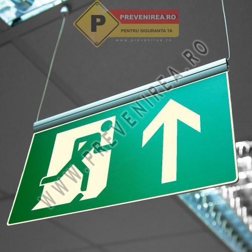 Panou suspendat pentru ieșire și direcții de evacuare – două fețe vizibile