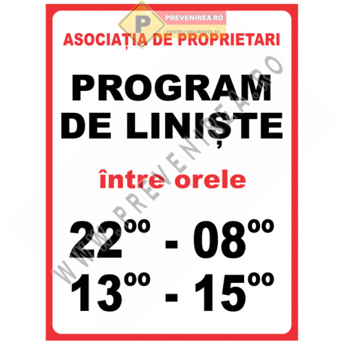 Indicator Program de liniște în bloc” – 22:00–08:00 și 13:00–15:00 | Placă informativă pentru asociații de proprietari
