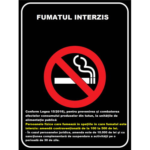 Placuta fumatul interzis conform legii 15