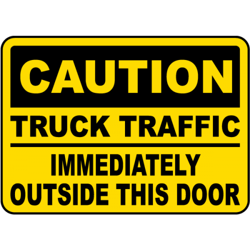Indicator Atenție: trafic de camioane imediat în afara acestei uși – Semn de avertizare pentru siguranță industrială