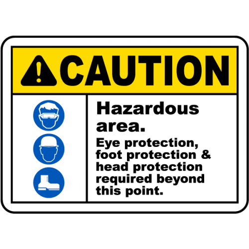 Indicator Atenție: Zonă Periculoasă – Echipament de Protecție Obligatoriu (Ochi, Cap, Picioare) Indicator Atenție: Zonă Periculoasă – Echipament de Protecție Obligatoriu (Ochi, Cap, Picioare)