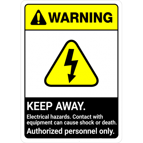 Sign warning keep away electrical hazards contact with equipment can cause shock or death authorized personnel only